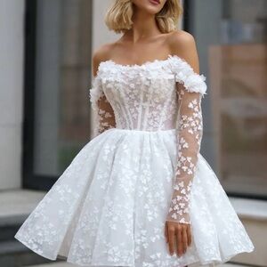 Fleur Off-Shoulder White Floral Dress Mini Wedding Dress Little White Dress